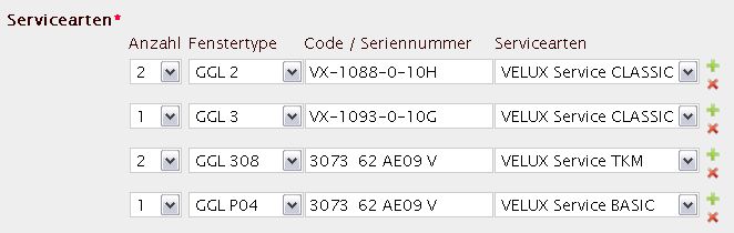 Velux Eingabebeispiel Service